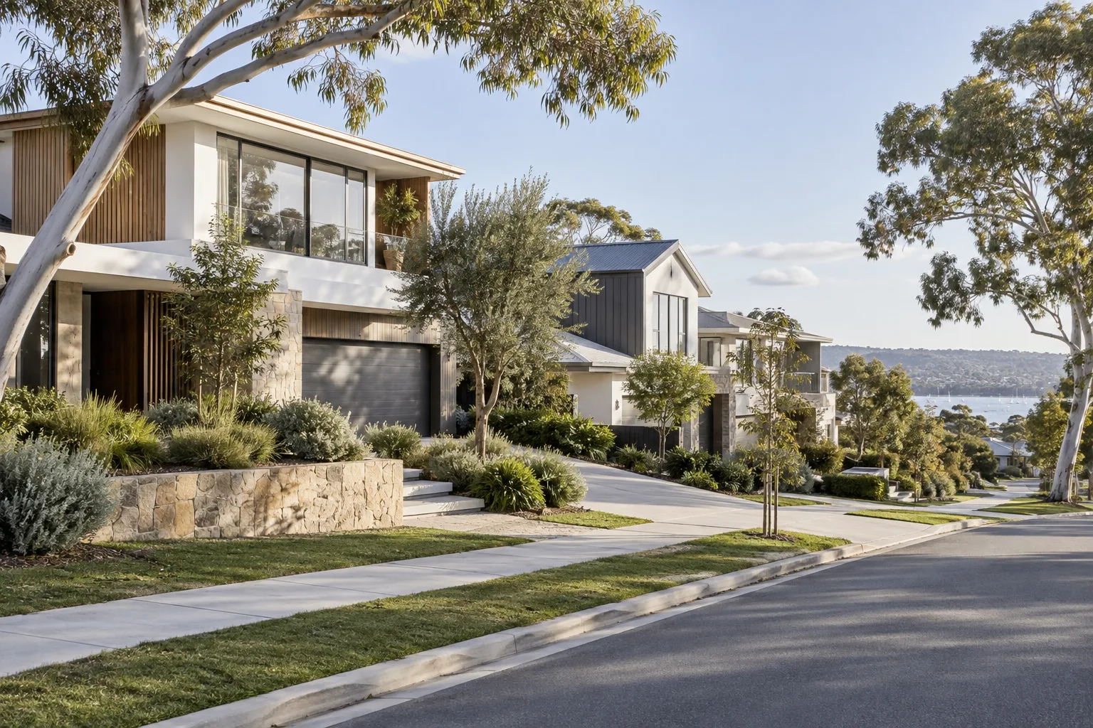 Illustrative New South Wales-style residential streetscape with detached homes and native trees